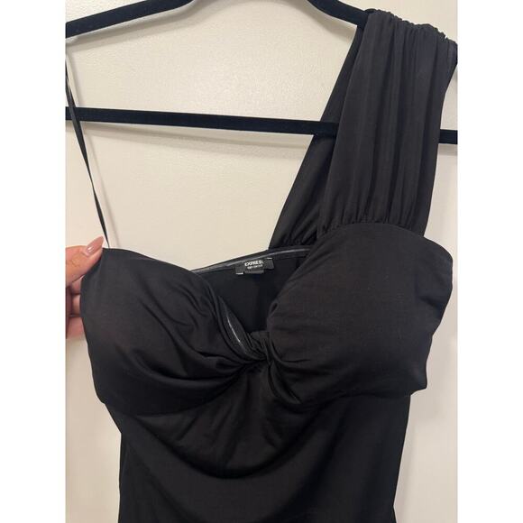 Express Medium Black One Shoulder Contour Compression Twist Front Bodysuit - Picture 3 of 7